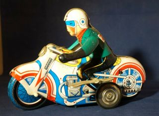 Vintage Tin Litho Wind - Up 7 " Motorcycle Toy 1960 