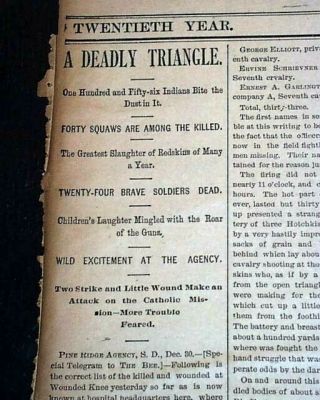 Battle Of Wounded Knee Massacre Lakota People Indians U.  S.  Army 1890 Newspaper