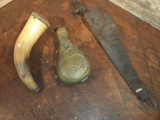 Early Civil War Era Powder Horn Brass Flask And Leather Shot