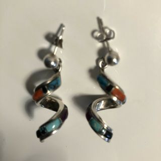 Vintage Tsf Navajo Turquoise Multi Stone Sterling Inlay Spiral Pierced Earrings