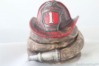 Fireman Helmet Firefighter Hose Piggy Bank Hand Painted Rustic Decoration