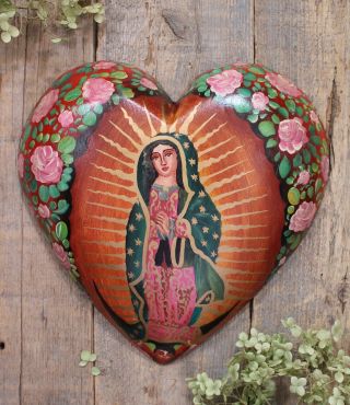 Lg Our Lady Of Guadalupe Heart Shape Wood Retablo Hand Painted Mexican Folk Art