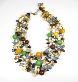 Vintage Japan Shell Glass Wood Bead Colorful Multi - Strand Bib Necklace 1960s Vtg