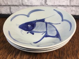 3 Vtg 9” Koi Carp Blue White Fish Soup Bowl Chinese Porcelain Serving Dish