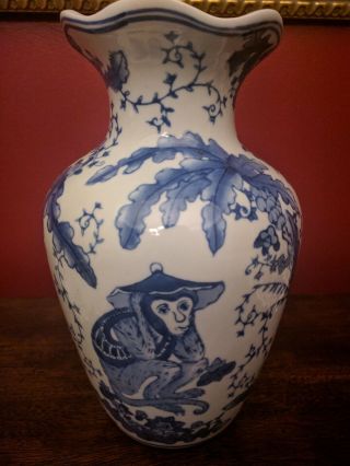 Chinese Blue And White Vase Vintage " Hear No Evil Speak No Evil " Marked