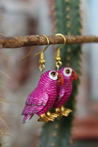 Parrot Alebrije Magenta Earrings By Ana Xuana Handmade Oaxaca Mexican Folk Art