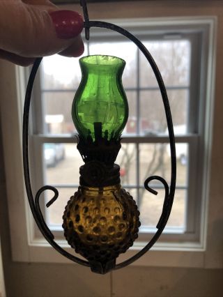 Vintage Antique Small Minature Hobnail Amber/gold/green Hurrican Lamp Oil