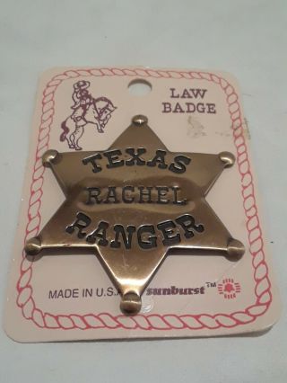Vintage Sunburst Texas Ranger Golden Tin Toy Badge Pin Personalized Rachel Usa