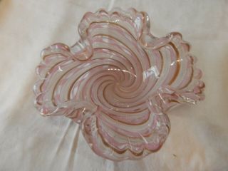 Vtg Murano Art Glass Candy Dish Bowl Ashtray W Pink,  Copper & White Latticino