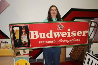 Rare Large Vintage 1948 Budweiser Beer Tavern Gas Oil 54 " Embossed Metal Sign