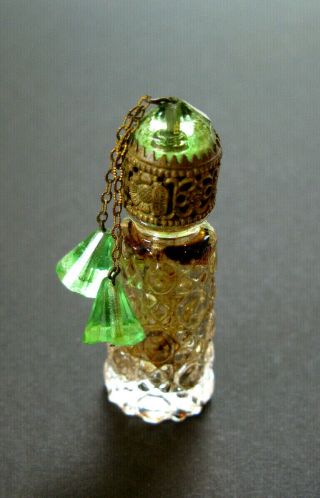 Vintage Czech Jeweled Perfume Bottle.  Green Dangles.  Irice.  Signed.