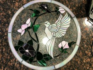 Vintage Large Round Stained Glass Hanger 21 1/2 " Dia Bird - Flowers