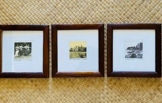 3 Hawaii Hawaiian Koa Wood Frames 7.  25 " Sq.  Matted Prints 1920 Hula Msrp $207