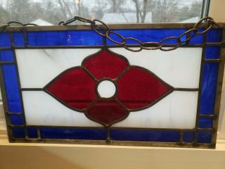 Vintage Stained Glass Window Hanging Panel - Blue Rectangle Red Flower 16 " X 9”