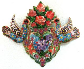 Mexican Folk Art Punched Tin Painted Wall Winged Dove Flame Heart Large 13 "