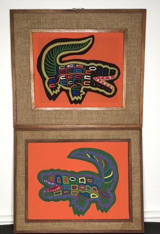 2 Mola Kuna Panama Reverse Applique Folk Art Gator 1960s Framed Burlap San Blas