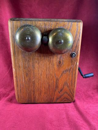 Vintage Magneto Ringer Wood Box With Crank And Bells A425