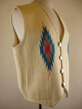Men ' s M 100 All Wool Hand Made Woven Chimayo,  NM Vest Jacket Colorful Turquoise 3