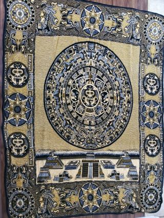 Vintage San Eduardo Aztec Mayan Style Blanket Woven Large 72 X 96 Bedspread Gold