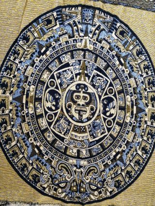 Vintage San Eduardo Aztec Mayan Style Blanket Woven Large 72 X 96 Bedspread Gold 2