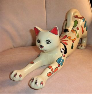 Mexican Talavera Pottery Cat Gato Stretching Out 18 " Long X 8 " High