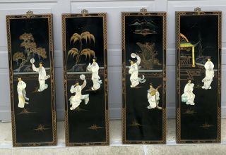 4 Vintage Asian Wall Art Panels Black Lacquer Mother Of Pearl Geisha Picup/ship