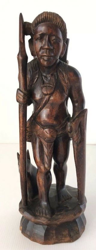 Vintage Hand Carved Wood Tribal Warrior With Spear Figurine Indigenous Art 30cm