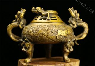 7.  8 " Collect Chinese Fengshui Brass Copper Pixiu Statue Buddhism Incense Burner