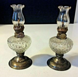 Vintage Made In Hong Kong Oil Lamp Diamond Shape Cut Clear Glass Set Of 2