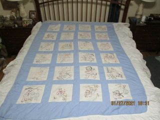 Vtg Hand Made Hand Embroidered Nursery Rhyme Bed Quilt W/Ruffle Skirt 48 