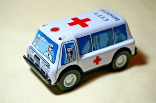 Vintage Tin Toy Sanko Made In Japan Metal Friction 3 " Ambulance Truck Car