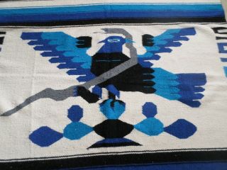 Vintage Mexican Blanket Textile Eagle Snake Emblem Turquoise 46x76 