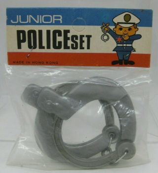 Vintage Junior Police Set Plastic Handcuffs Nadel Toy Corp Hong Kong Package Nos