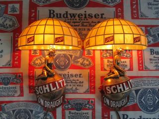Vtg 1971 Schlitz Beer Tiffany Ladies On Top Bar Light Broker Pub Sign Set A,