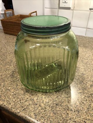 Vintage Green Depression Glass Ribbed Glass Coffee Jar Or Canister Metal Lid