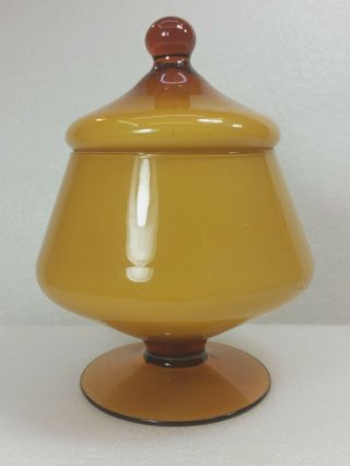 Vintage Empoli Cased Glass Candy Jar W Lid Amber Caramel Mid Century Modern