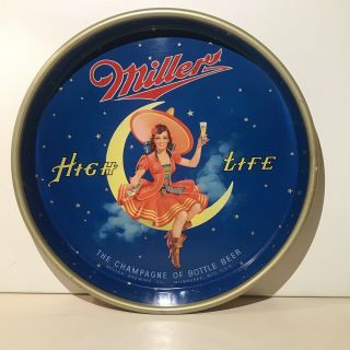 1950’s Vintage 13 " Miller High Life Beergirl On Moon Serving Metal Tray