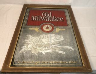 Vintage Old Milwaukee Beer Sign Framed Mirror Bass Fishing Bar Man Cave