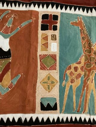 Vintage West Africa Tribal Fabric Hand Painted Women & Giraffes Wall Hanging 3