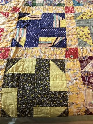 Vintage Colorful Quilt Hand Pieced Hand Quilted Light Blue Backing 78 