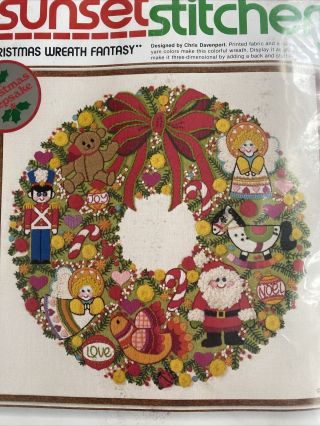 Christmas Wreath Fantasy Sunset Stitchery Crewel Embroidery Kit Vtg 1979