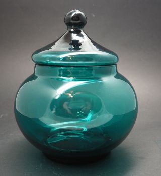 Vintage Empoli Italian Art Glass Apothecary Jar Candy Dish Circus Tent Teal