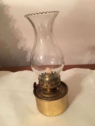 Vintage Mini Oil Lamp - 7” Tall - Brass Base - Beaded Top Glass Chimney