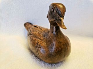 Vintage Unique Hand Carved " Wood Duck " Wooden Decoy With Glass Eyes Euc