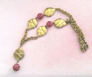 Vintage 1940s Brass Necklace With Pine Cones And Pink Venetian Glass