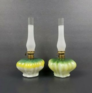 Vintage Green Painted Milk Glass Oil Kerosene Lamps Frosted Chimneys Euc