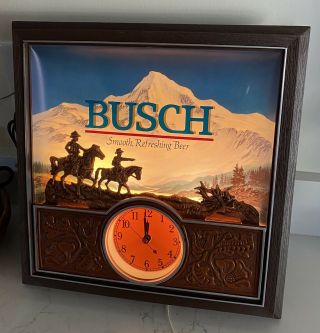 84 Busch Beer Lighted Wall Clock Sign Western Theme Cowboys On Horseback Diorama