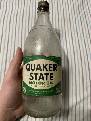 Vintage Quaker State One 1 Quart Motor Oil Bottle With Cap Oil City Pennsylvania