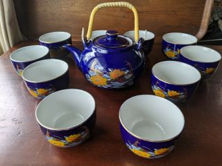Japanese Antique Blue Tea Pot And Cup Set - 10 Cups