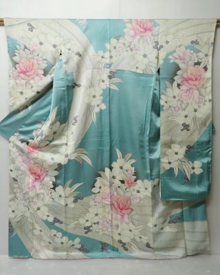 1217h03z1260 Vintage Japanese Kimono Silk Furisode Light Blue Flowers